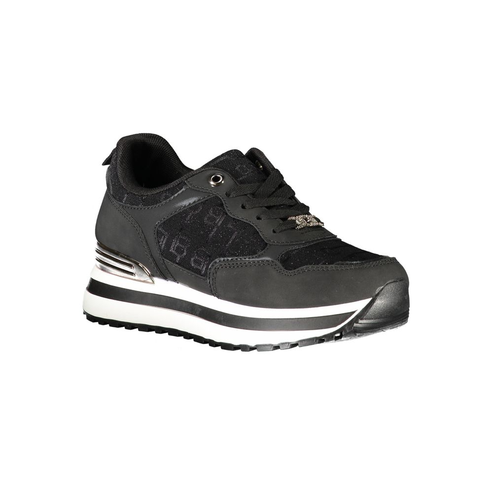 Laura Biagiotti Black Polyester Women Sneaker with 3 cm platform and logo accents on a sleek, stylish design for comfortable elegance.