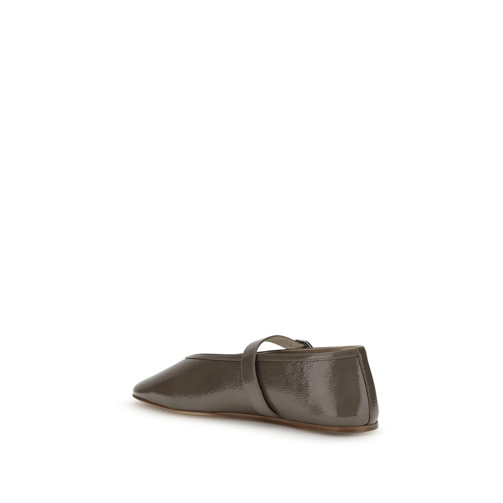 Le Monde Béryl Brown Calf Leather Bos Taurus Ballet Flats with beveled toe and adjustable strap, side view.