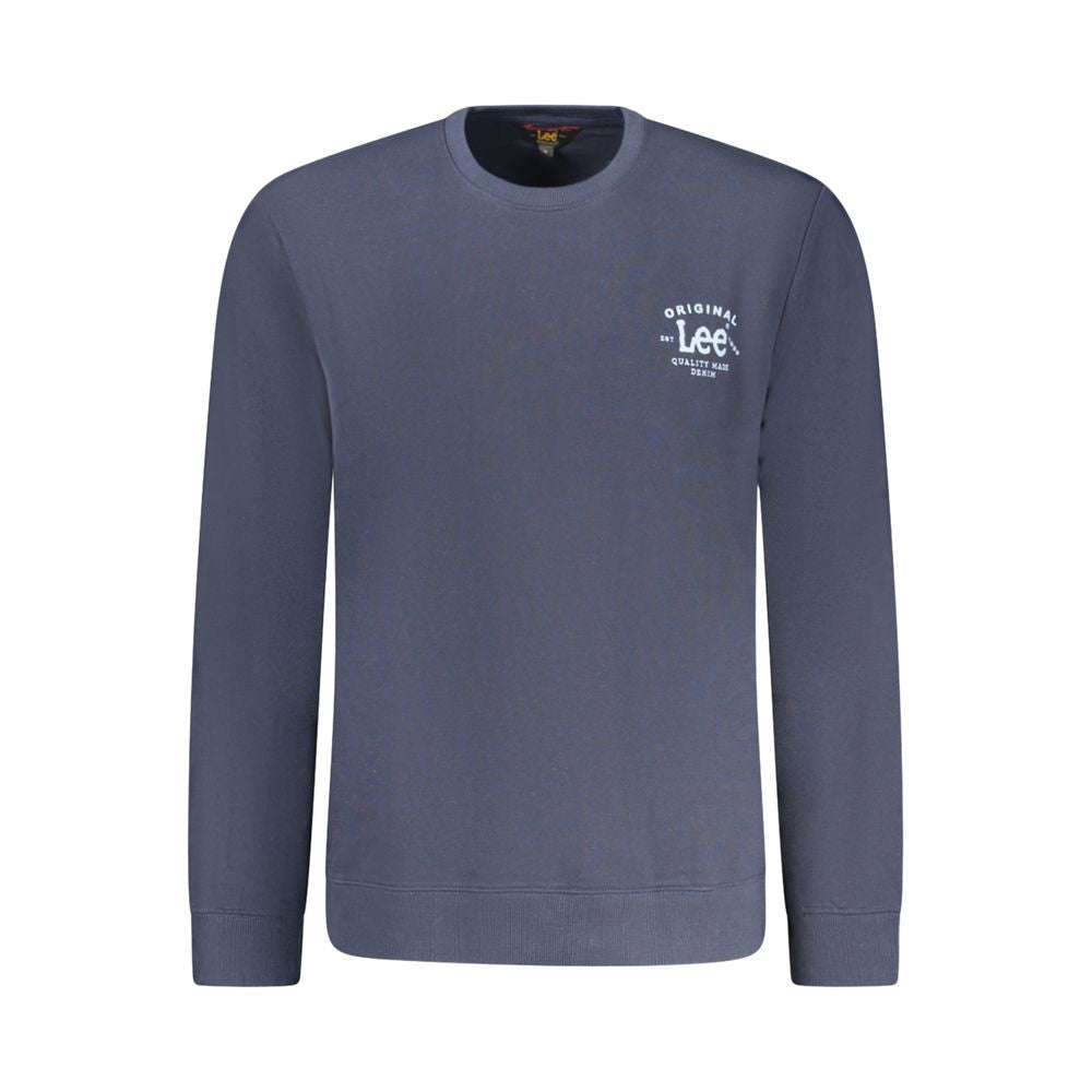Lee Blue Cotton Men Sweater with logo, long sleeves, and crew neck. Made from premium cotton for casual style and comfort.