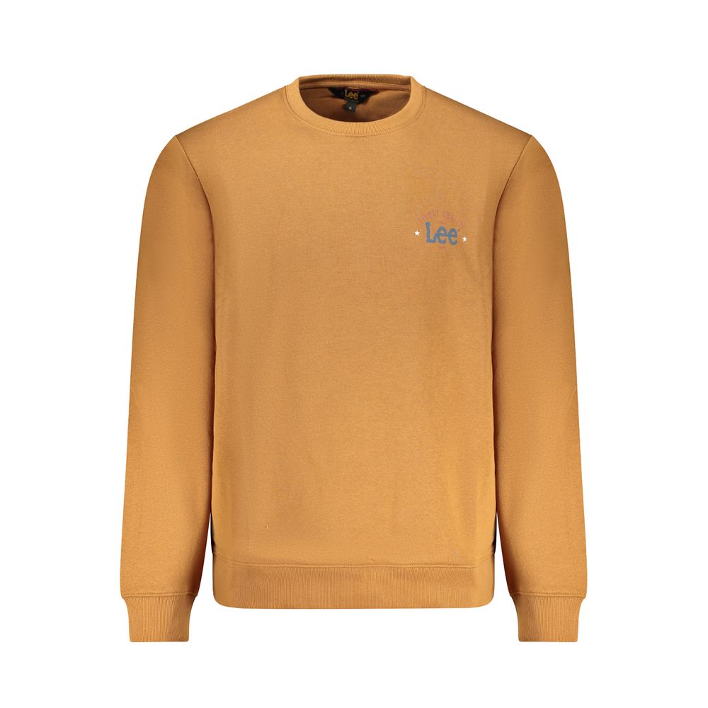 Lee Brown Cotton Men Sweater with logo, casual crew neck long sleeve for modern style and comfort.