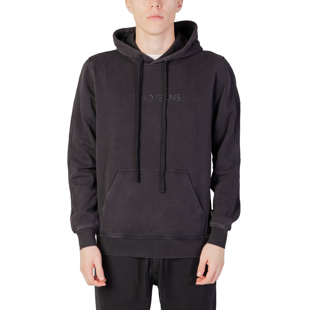 Liu Jo Black Cotton Hoodie with drawstring hood and kangaroo pocket, featuring subtle tone-on-tone logo embroidery on the chest.