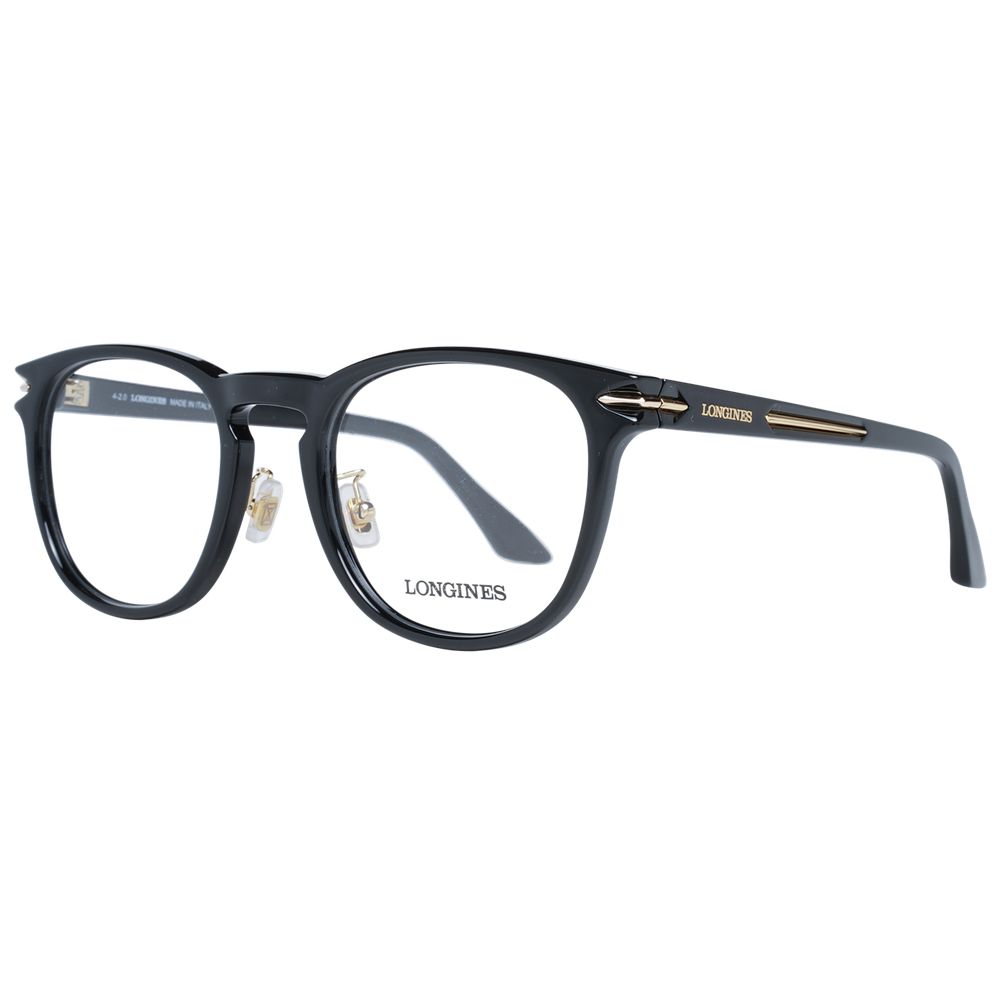 Longines Black Men Glasses Frame in black round style with full-rim plastic build, featuring demo lenses and branded case included.