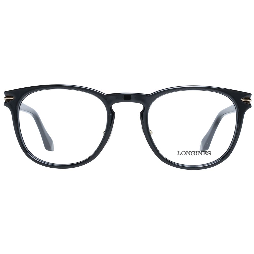 Longines Black Men Glasses Frame in durable plastic with full-rim design, suitable for everyday wear, includes branded case for protection.