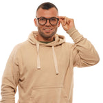 Smiling man wearing Longines Black Men Glasses Frame with a round style and full-rim plastic design.