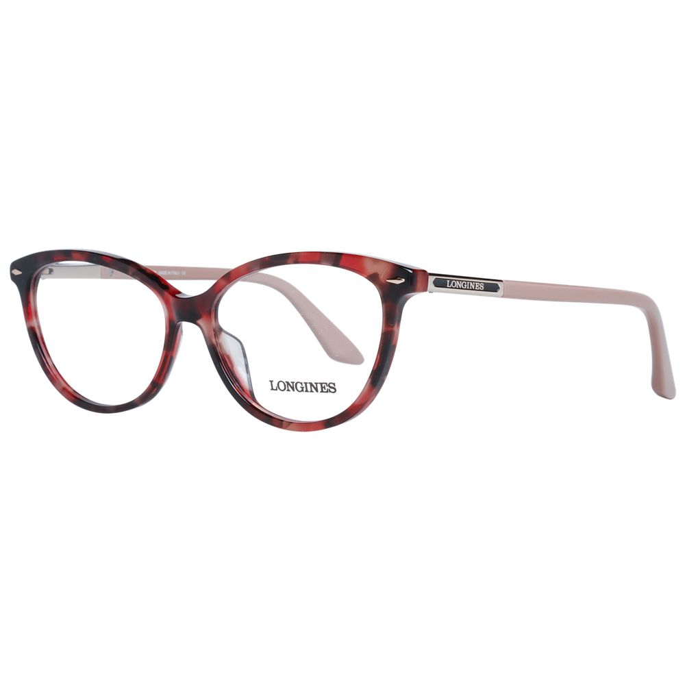 Longines Red Women Glasses Frame, plastic cat eye design, full-rim style, red frame with demo lenses, branded case included.