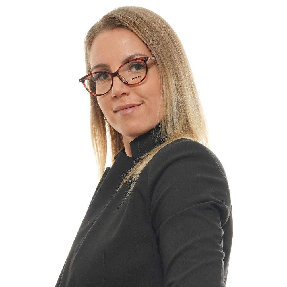 Woman wearing Longines Red Women Glasses Frame with a cat eye style and full-rim design, highlighting elegant and stylish eyewear.
