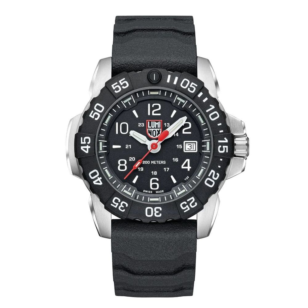 Luminox Black Rubber Sport Watch with quartz movement, analog display, stainless steel case, 45mm dial, and 20ATM water resistance.