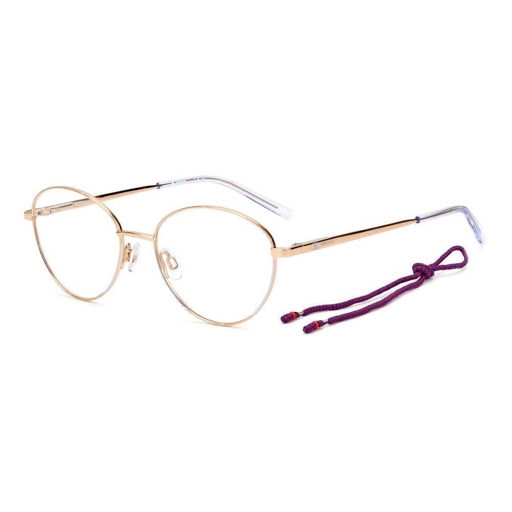 M Missoni Purple Metal Frames eyeglasses with gold metal frame and adjustable nose pads, includes purple cord accessory.