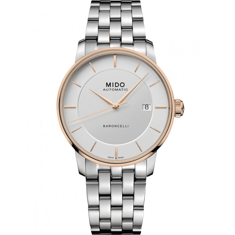 MIDO MOD. BARONCELLI wristwatch with 39mm stainless steel case, IP gold accents, sapphire dial, and automatic movement. Made in Switzerland.