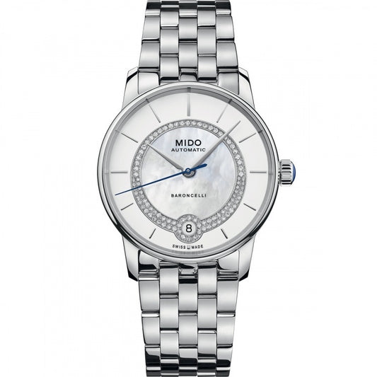 Elegant MIDO MOD. BARONCELLI watch with silver bracelet and sleek design.