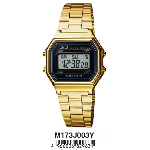 Gold unisex Q&Q Mod. DIGITAL ALARM CHRONO wristwatch with SS bracelet, multifunction quartz movement, and 3 ATM water resistance.
