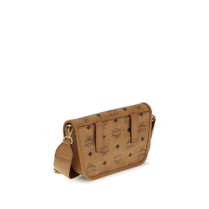 MCM Brown Fabric Shoulder Bag with distinctive print and elegant structure, featuring signature MCM logo on a sophisticated accessory.