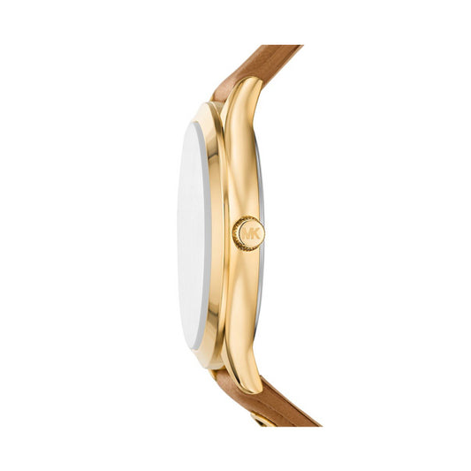Side view of MICHAEL KORS WATCHES Mod. MK7465 with gold case and brown leather strap for ladies.