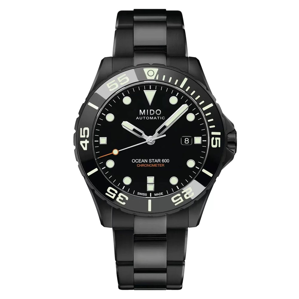 MIDO MOD. M026-608-33-051-00 black stainless steel watch with luminous markers and date display.