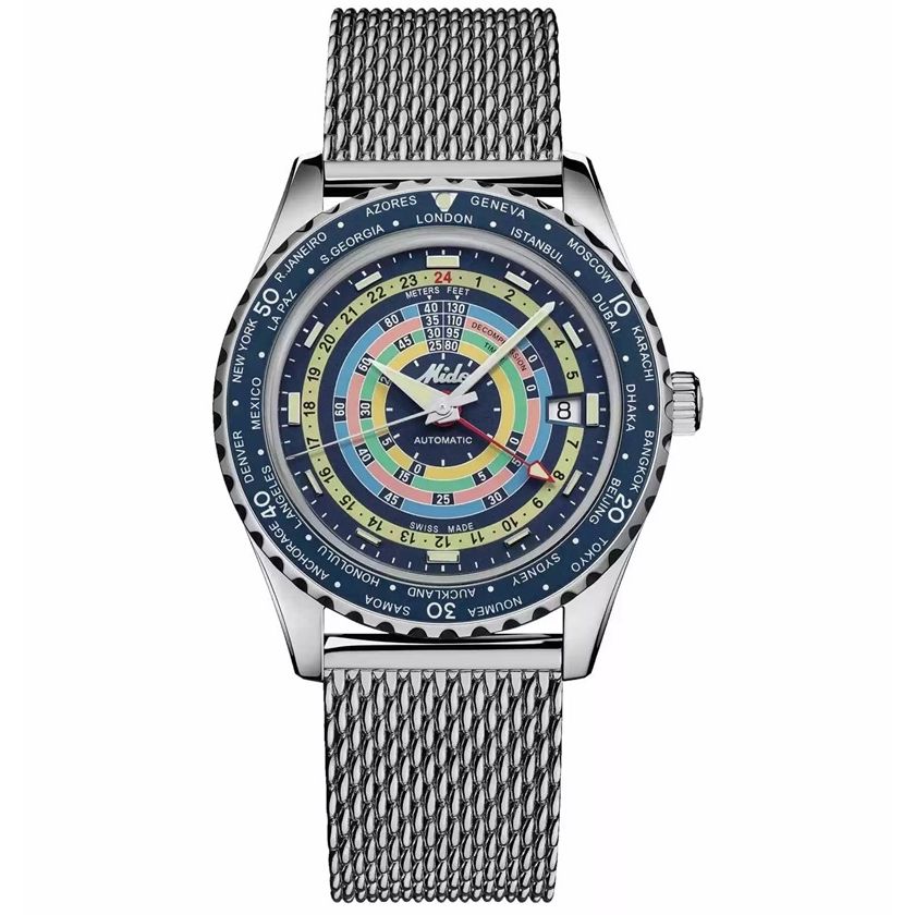 Luxury watch MIDO MOD. M026-829-17-041-00 with mesh bracelet and colorful dial.