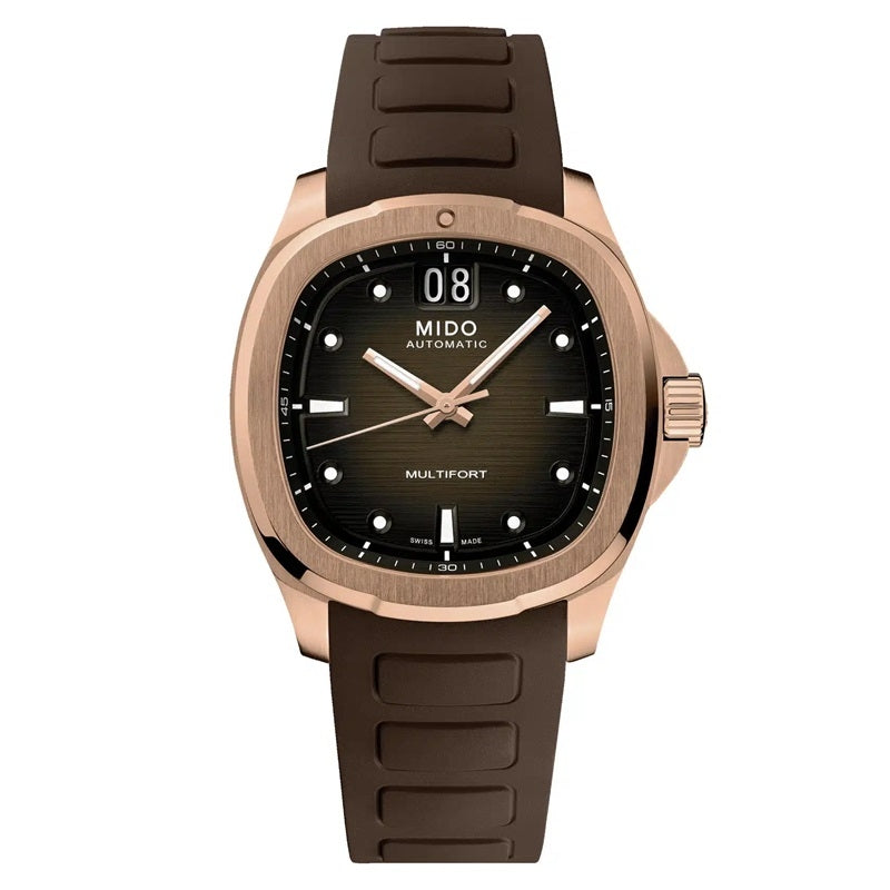 MIDO MOD. M049-526-37-291-00 elegant automatic watch with brown strap and rose gold case.