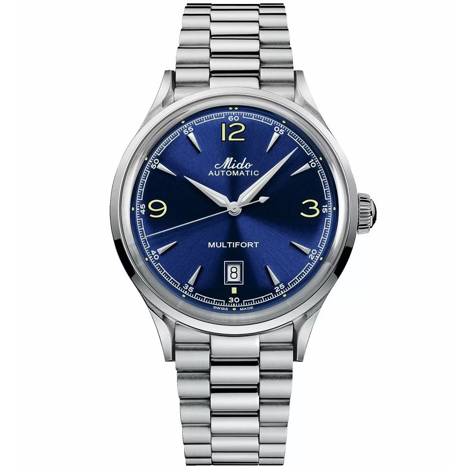 MIDO MOD. MULTIFORT POWERWIND watch featuring a blue dial and stainless steel bracelet