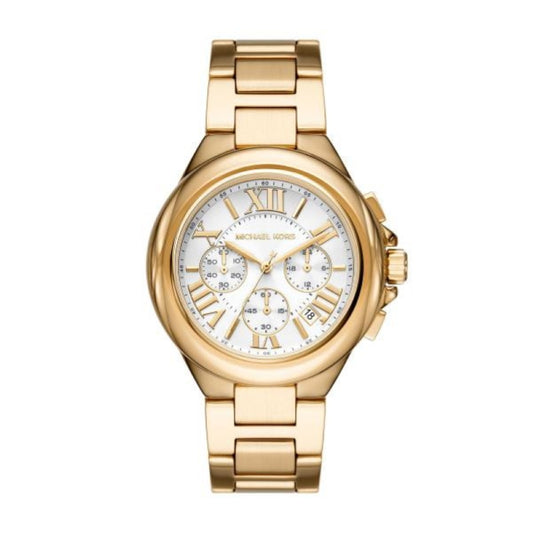 MICHAEL KORS Mod. CAMILLE gold wristwatch for ladies with chronograph and date functions, 5 ATM water resistance, in official box.