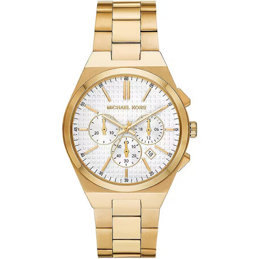 Alt Tag: MICHAEL KORS Mod. LENNOX gold wristwatch with chronograph dial and date display, 41mm stainless steel IP gold case, in official box.