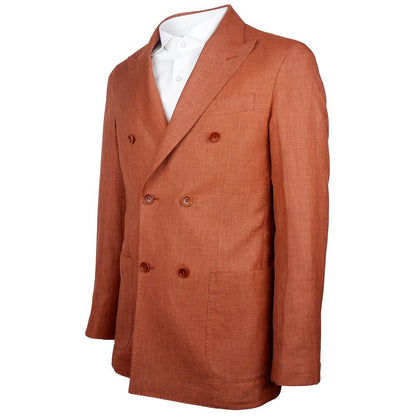 Made in Italy Brown Linen Blazer with Loro Piana fabric, rust-colored, double-breasted with peaked lapels and multiple pockets.