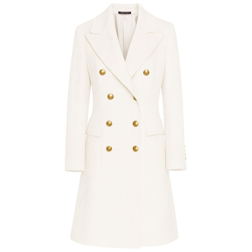 Made in Italy White Wool Women Coat with gold buttons and peak lapels