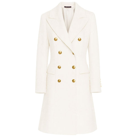 Made in Italy White Wool Women Coat with gold buttons and peak lapels