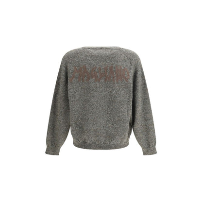 Back view of Magliano Gray Wool Cardigan featuring logo, made from 100% Shetland wool with ribbed cuffs, hem, V-neck, and patch pockets.