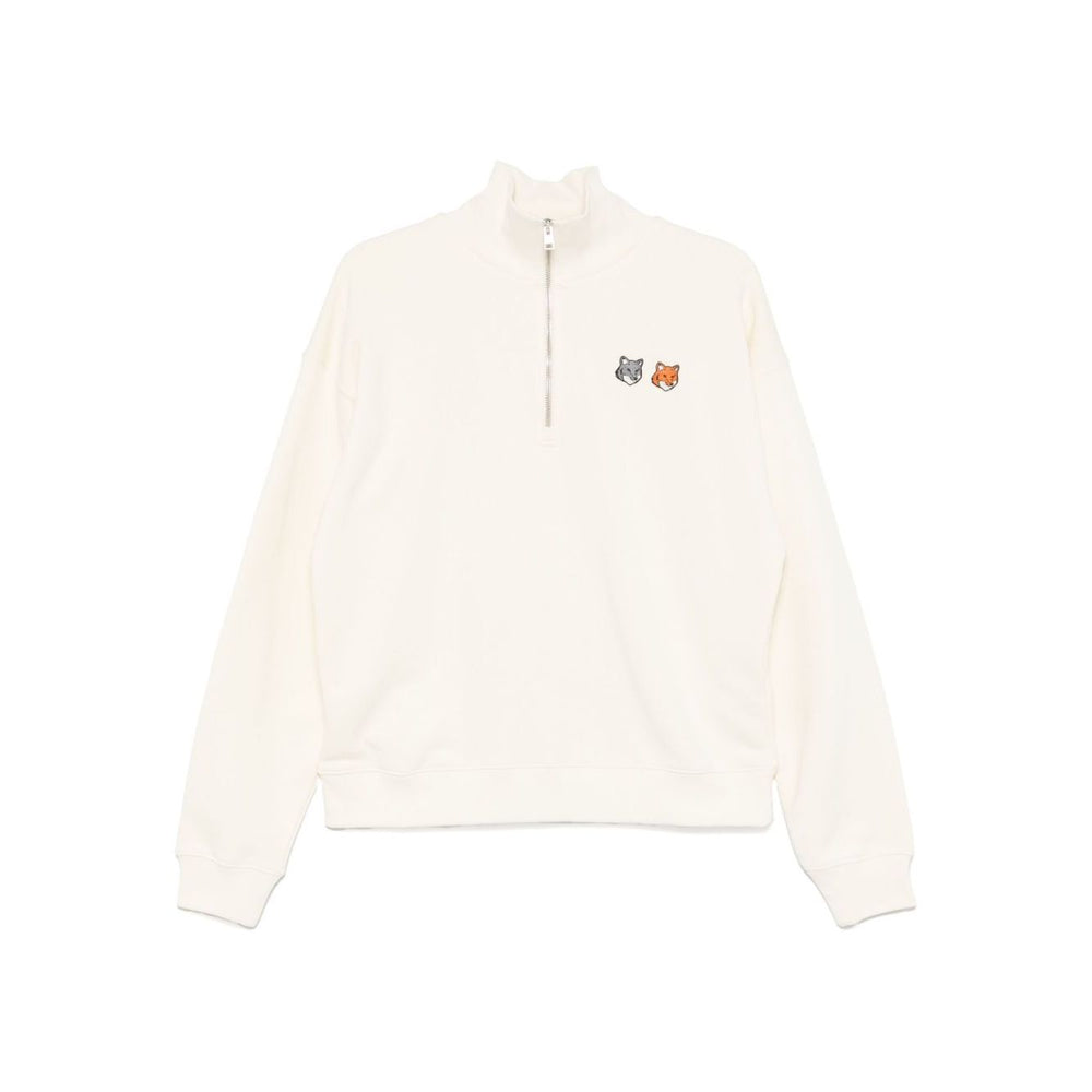 Maison Kitsuné MAISON KITSUNE' Sweaters White with front zip and fox motif, featuring ribbed cuffs and hem for stylish comfort.