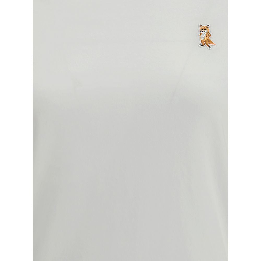 Maison Kitsuné White Cotton T-Shirt with embroidered fox patch, ribbed crew neck, 100% cotton, suitable for casual polished looks.