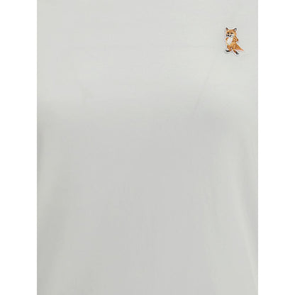 Maison Kitsuné White Cotton T-Shirt with embroidered fox patch, ribbed crew neck, 100% cotton, suitable for casual polished looks.