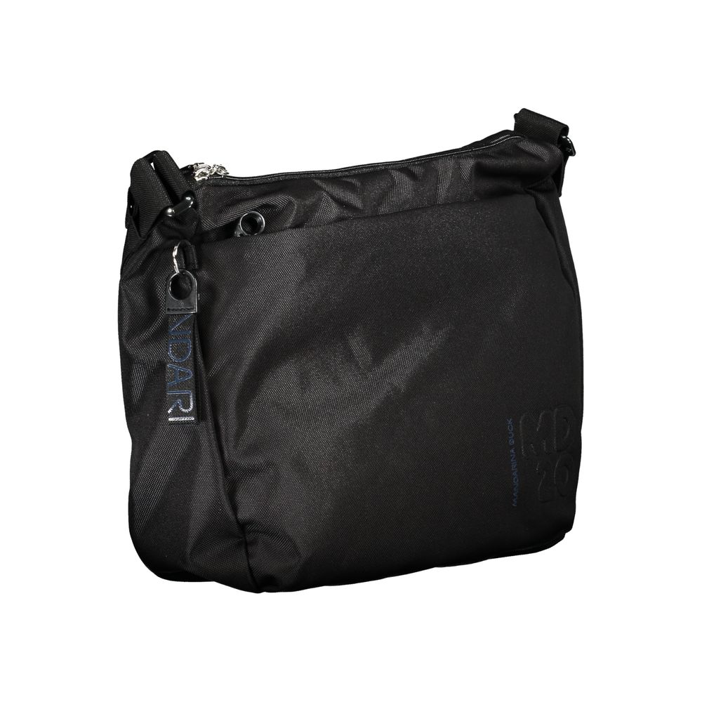 Mandarina Duck Black Polyester Handbag with adjustable strap, external and internal pockets, phone holder, contrasting details, and zip closure.
