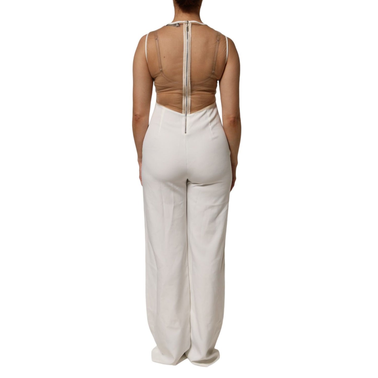 Mangano White Beige Mesh Crystal Embellished Sleeveless Jumpsuit