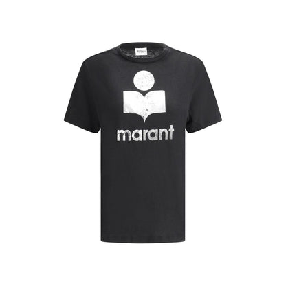 Marant Etoile Black Linen T-Shirt with monogram print on front, featuring classic ribbed crew neck and cooling linen fabric.