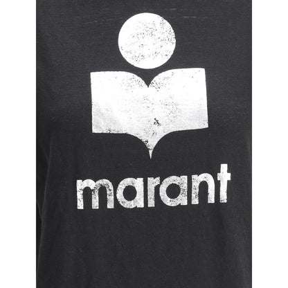 Marant Etoile Black Linen T-Shirt with monogram logo on front. Lightweight, breathable linen fabric, ribbed crew neck, monochrome design.
