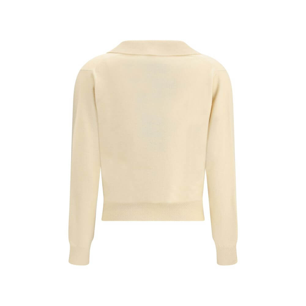 Back view of Margiela Cream Fleece Wool Sweater showing ribbed hem, cuffs, and classic collar for a neat fit.