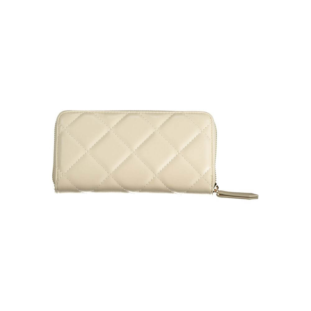 Mario Valentino Beige Polyethylene Wallet with quilted design, zip closure, and multiple compartments for cards and coins.