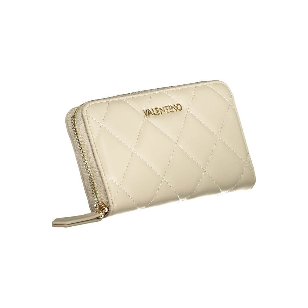 Mario Valentino Beige Polyethylene Wallet with 6 compartments, coin purse, card spaces, contrasting details, and zip closure.