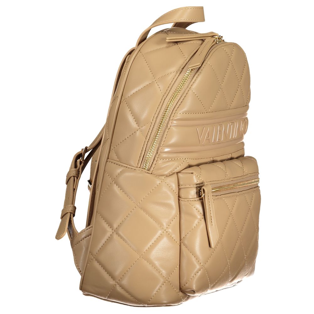 Mario Valentino Beige Polyethylene Women Backpack with quilted design and gold zippers, featuring external pocket for convenience.