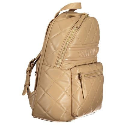 Mario Valentino Beige Polyethylene Women Backpack with quilted design and gold zippers, featuring external pocket for convenience.