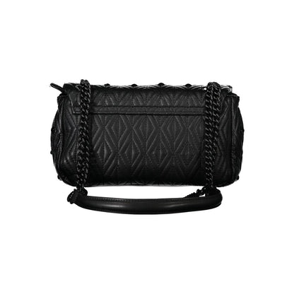Mario Valentino Black Polyester Handbag, chain shoulder bag with zip and clip closure, internal pockets, contrasting details