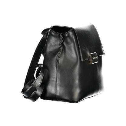 Mario Valentino Black Polyethylene Backpack with adjustable straps, handle, logo, multiple pockets, and zip closure.