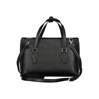 Mario Valentino Black Polyethylene Handbag with handles and adjustable strap, featuring pockets and snap closure, front view.