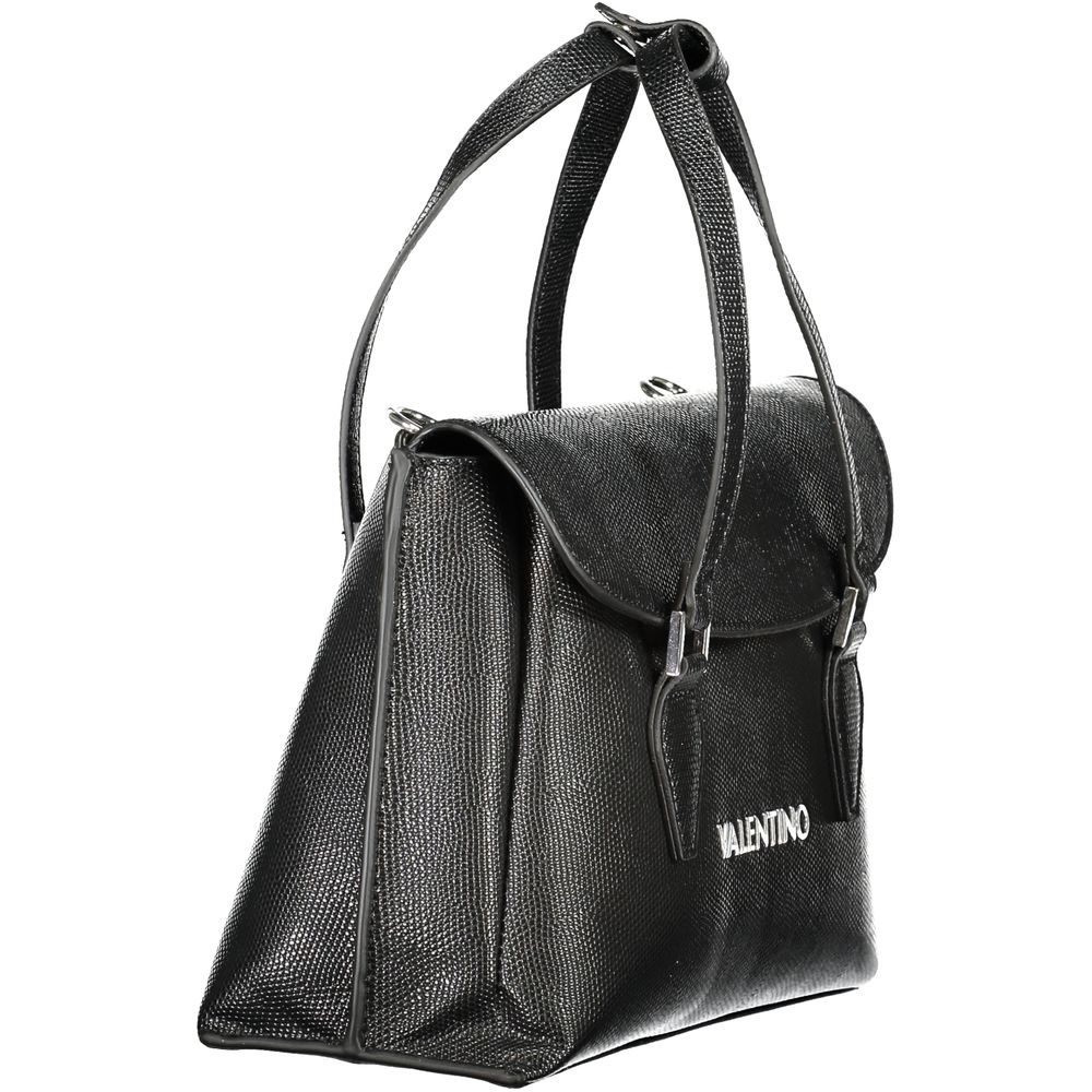 Mario Valentino Black Polyethylene Handbag with handles, adjustable strap, and logo detail. Features external pocket and contrasting details.