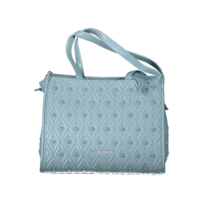Mario Valentino Blue Polyester Handbag with diamond pattern, adjustable strap, zip closure, and internal pockets.