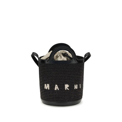 Marni Black Cotton Backet Bag with leather trim and drawstring closure.