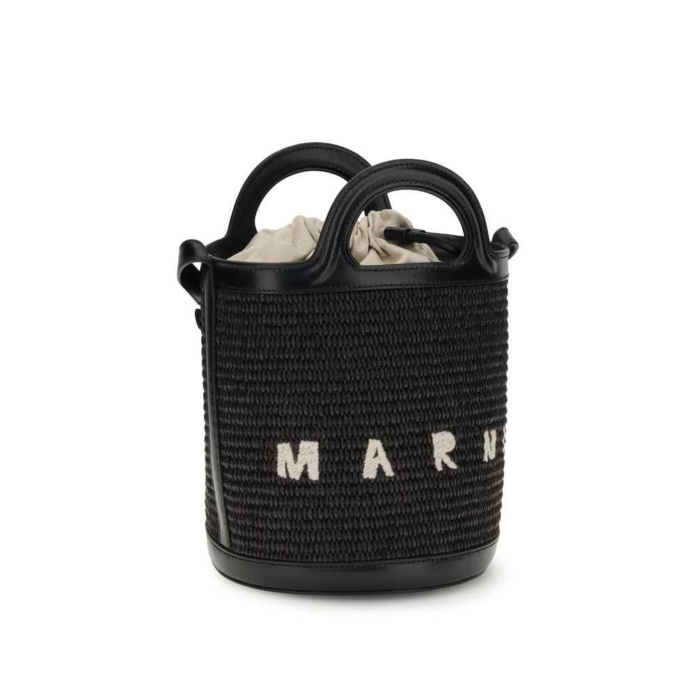 Marni Black Cotton Backet Bag with raffia, leather trim, handles, shoulder strap, drawstring closure, and brand logo.