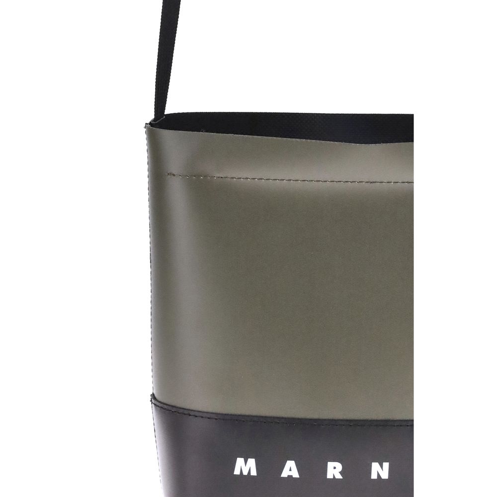 Marni Colorblock Shoulder Bag in green and black with adjustable ribbon strap and logo print, designed with palladium accents for AW25.