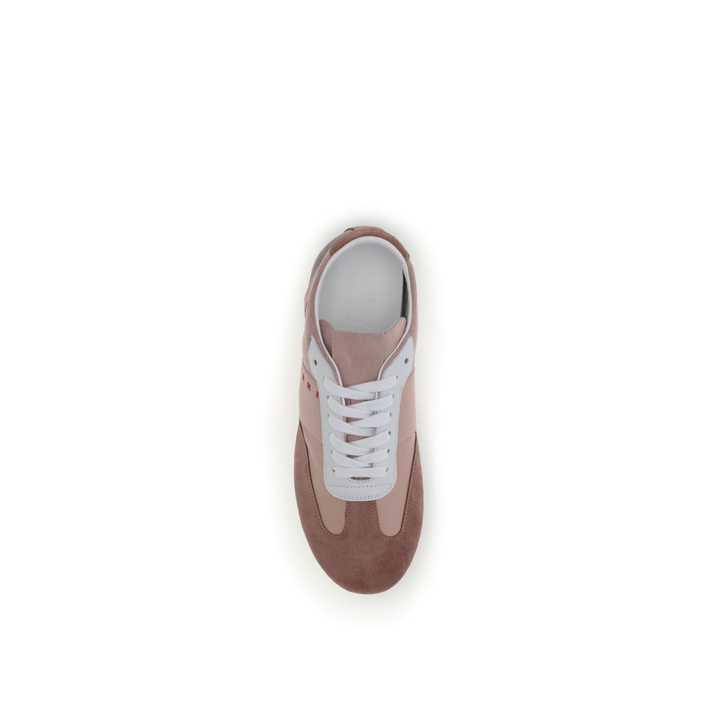 Top view of Marni Multicolor Calf Leather Bos Taurus Athletic Sneakers in soft pink and white, featuring a retro soccer design.