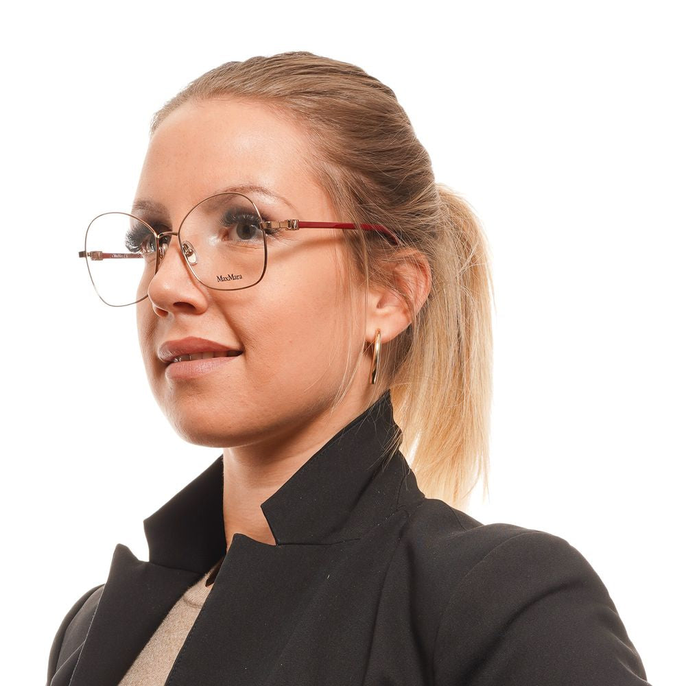 Woman wearing Max Mara Bronze Women Glasses Frame in metal and plastic, full-rim butterfly style with 55-16-140 size.