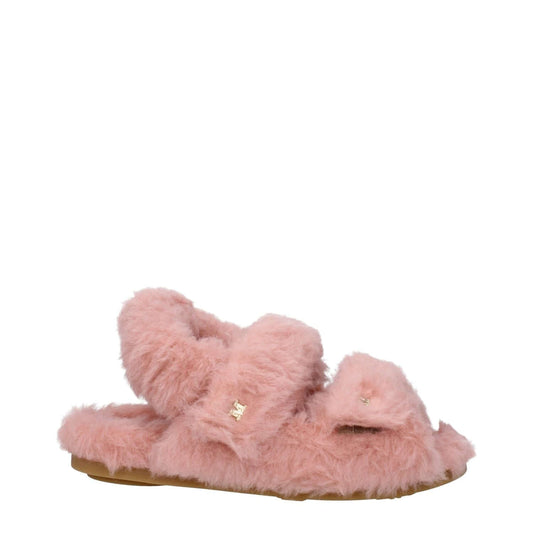 Max Mara Pink Fur Sandals with logo and strap closure, featuring open toe and rubber sole, eco-friendly design.